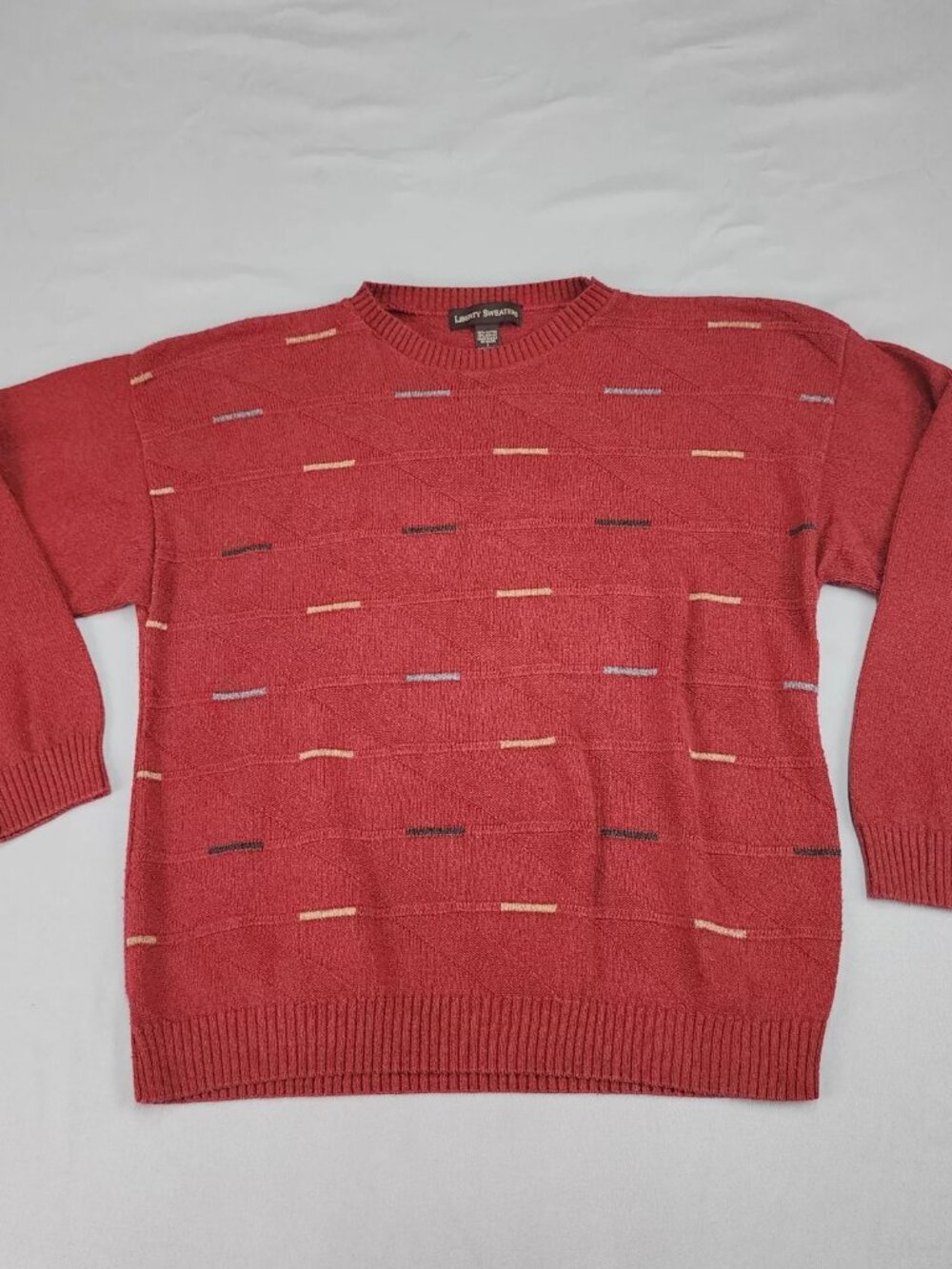 Liberty Sweaters Vintage Mens L Pullover Crew Neck Burgundy Geometric Knit USA